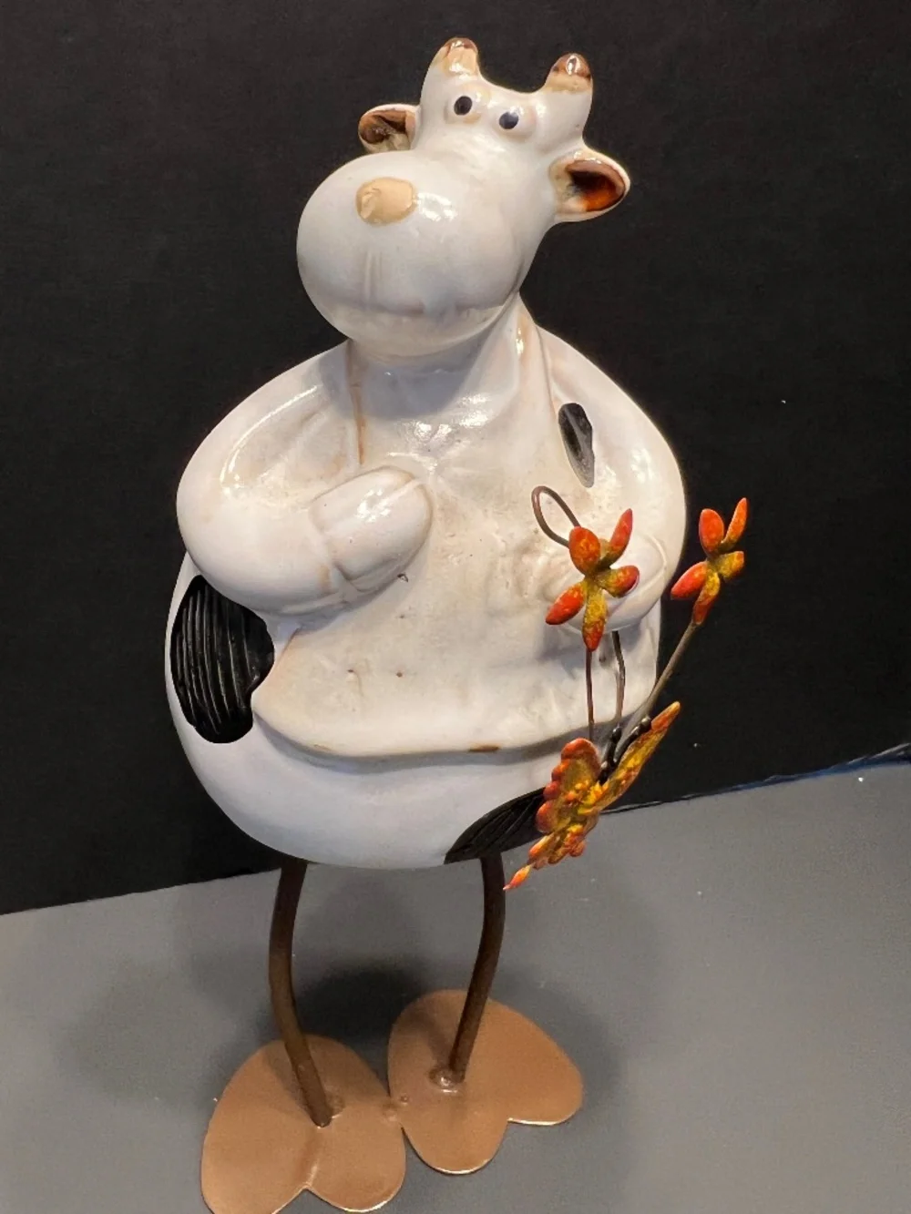 Long Leg Black & White Cow Holding Bird House, Bird and Flowers Set of 2 RARE